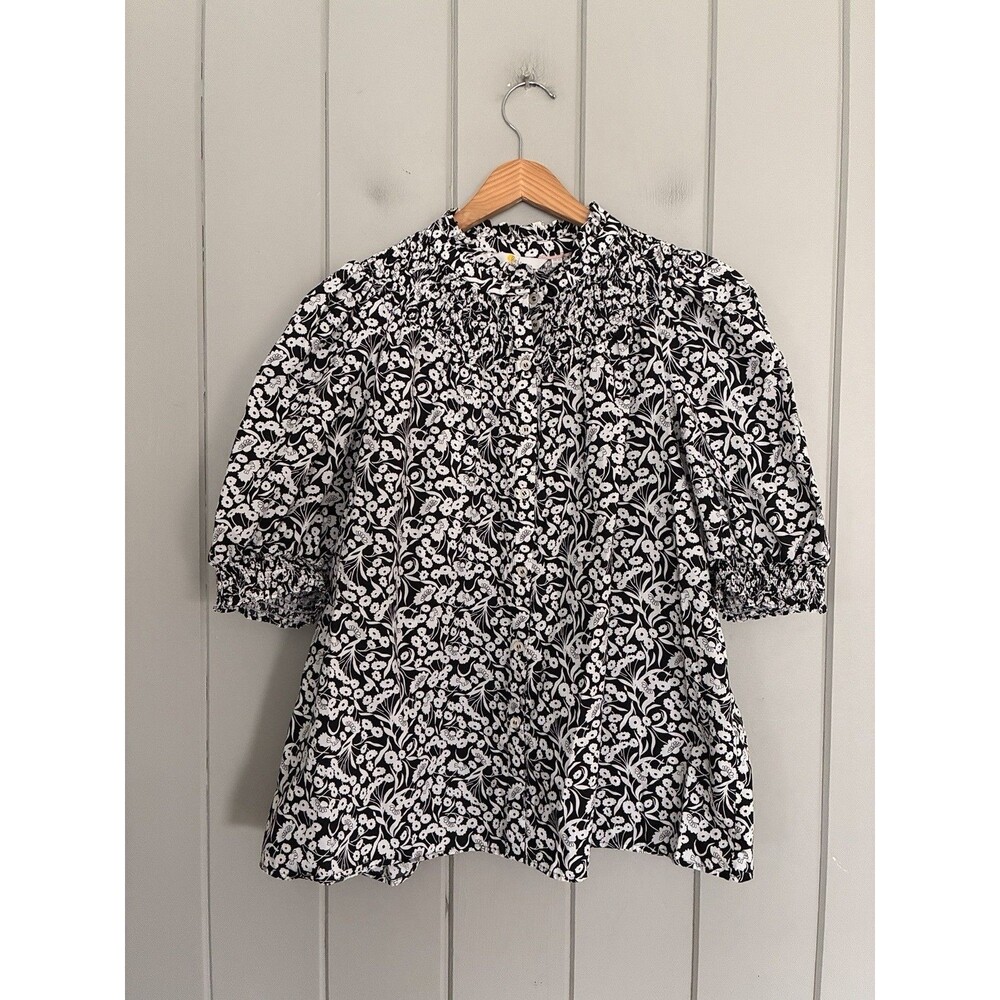 Boden Blouse 14 Black White Floral High Neck Puff Sleeve Cotton Spring